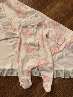 Baby Floral Ruffle Footie Pajama in Light Pink with matching blanket